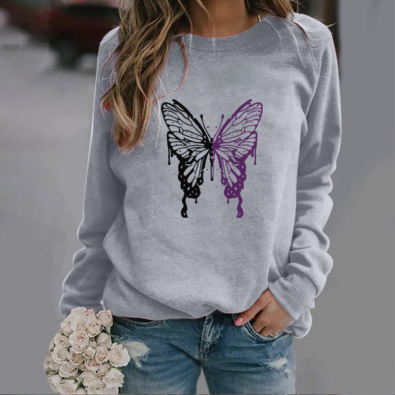 Butterfly Print Sports Pullover Round Neck Sweater