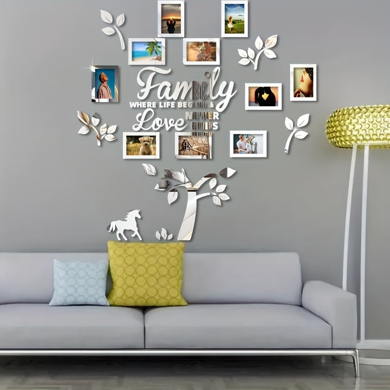 Black Acrylic Mirror Wall Decal - Family Photo Tree with Horse & Leaf Design, Removable Self-Adhesive Art for Home Decor, "Family: Where Life Begins and Love Never Ends" Quote, Modern Minimalist…