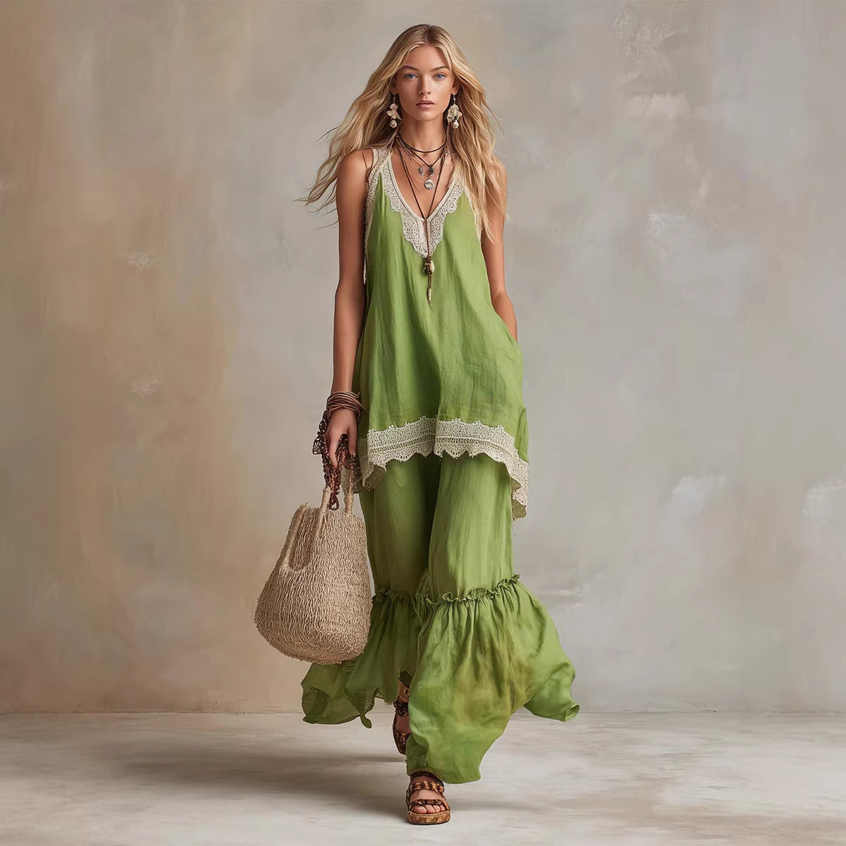 Boho Lace Cami & Wide Leg Pant Set