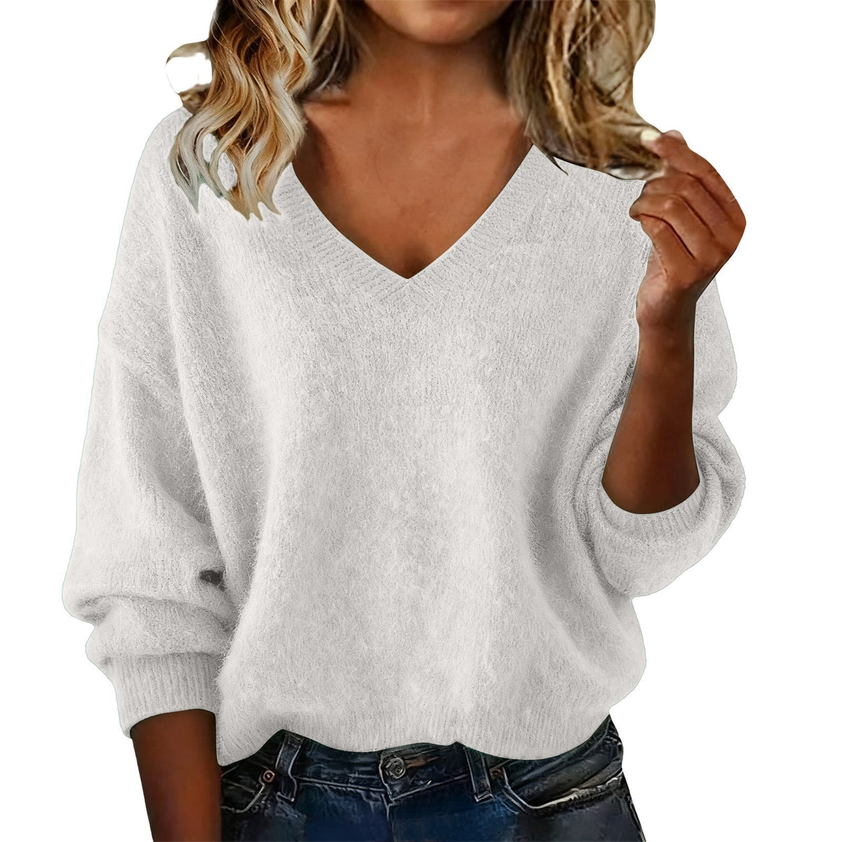 Women's New Autumn & Winter Solid Color V-neck Long Sleeve Knit Sweater, Loose Casual Tops