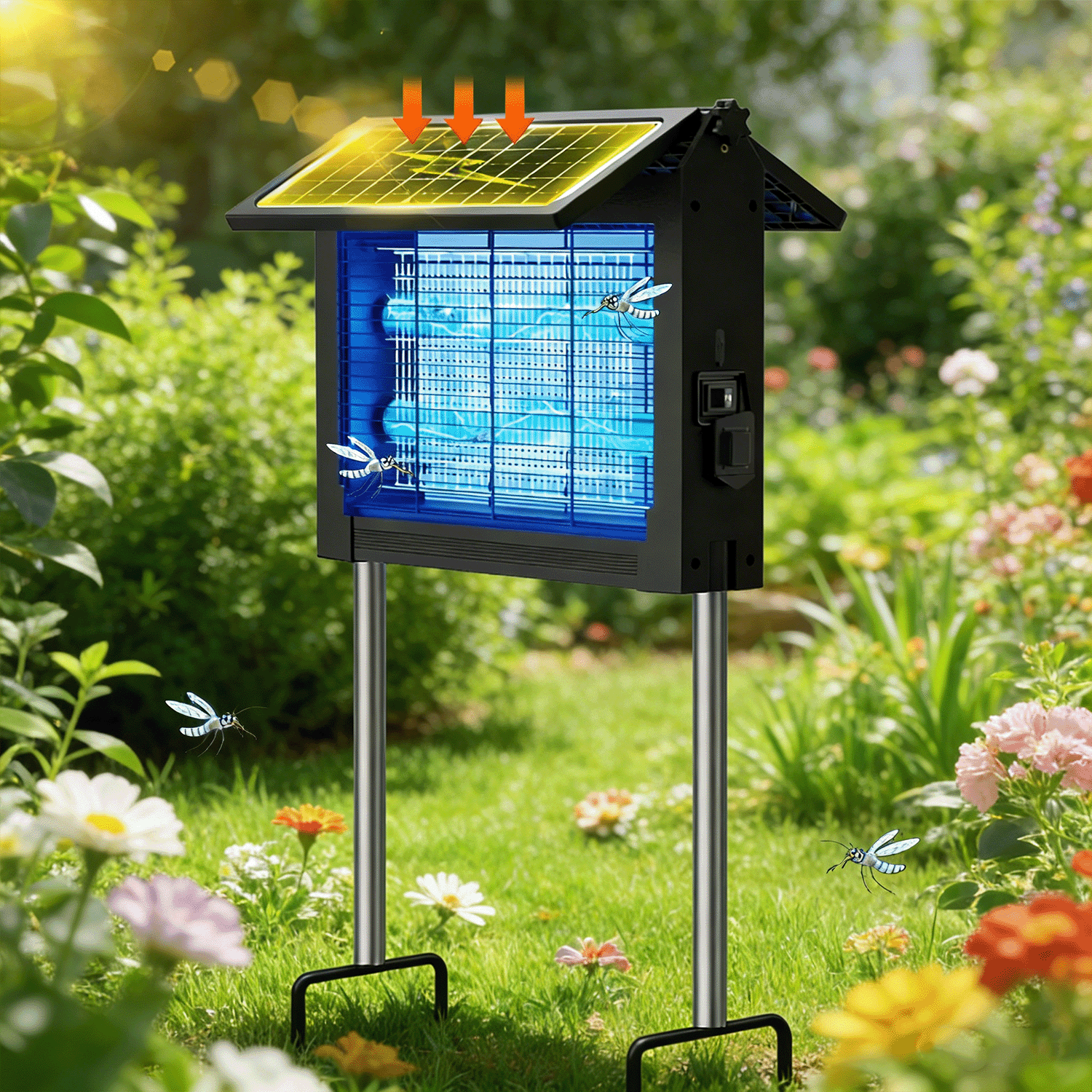 4500V Solar Bug Zapper Outdoor with Dual Solar Panels and USB‑C Fast Charging, Dusk‑to‑Dawn Auto Mode, IPX4 Waterproof