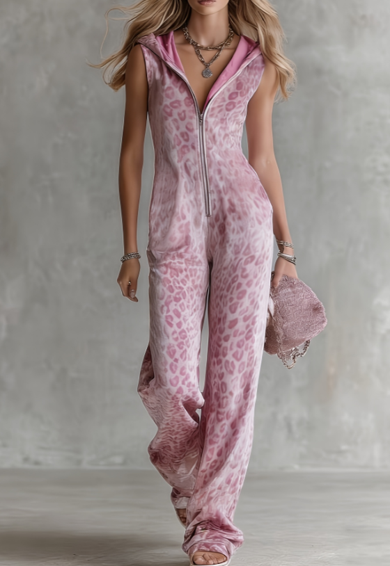 Women's Hooded Sleeveless Zippered Wide-Leg Jumpsuit
