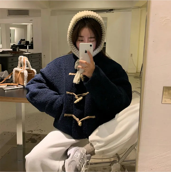 Women's Cozy Furry Winter Coat with Horn Buttons