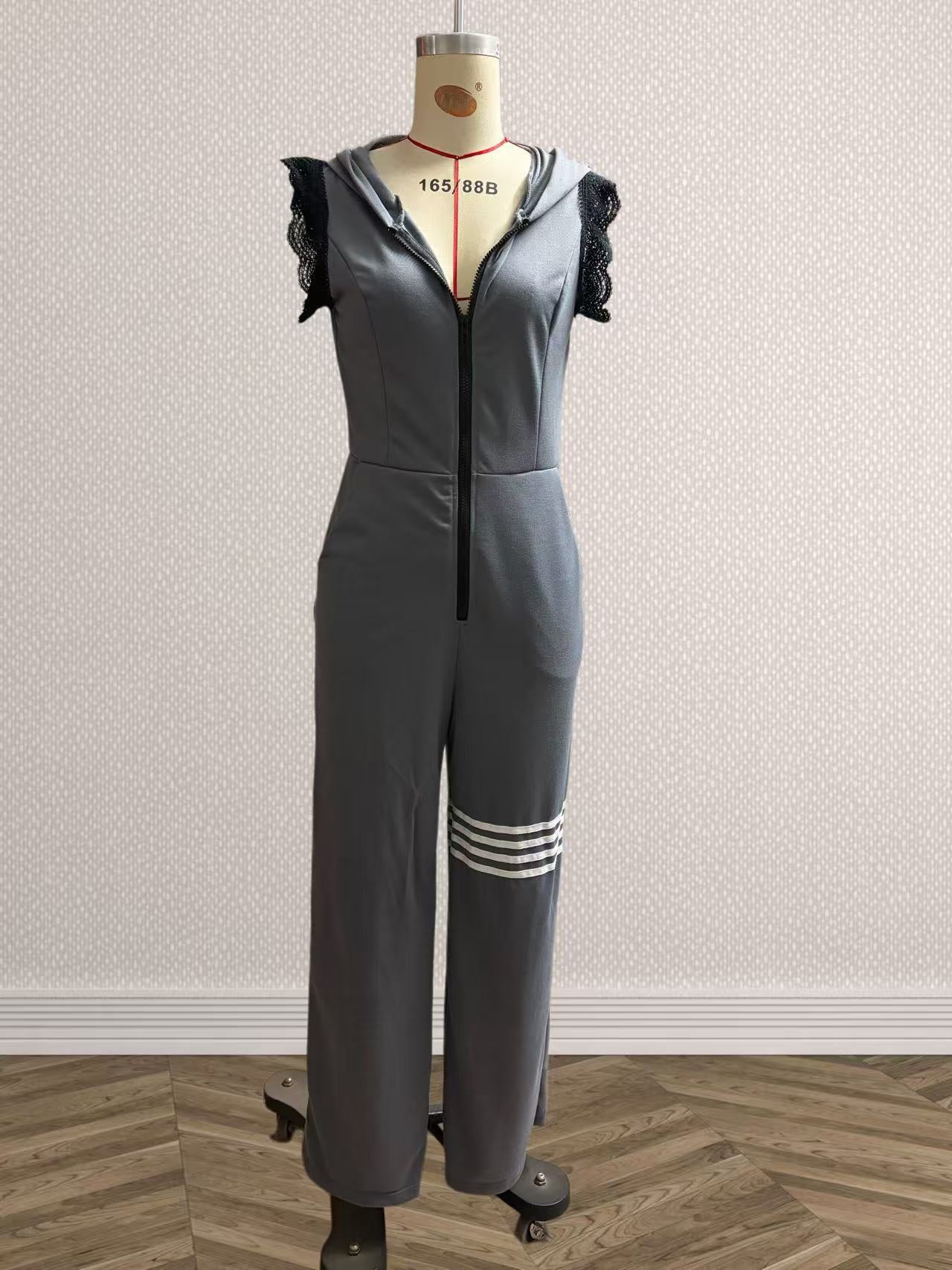New Style Sporty Retro Lace Striped Sleeveless Hooded Jumpsuit