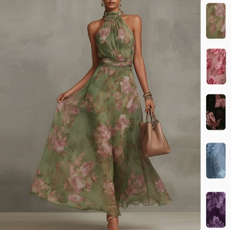 Elegant Summer Halter Neck Sleeveless Printed Long Dress
