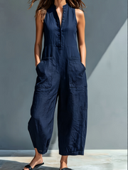 Linen Lantern Crop Jumpsuit Stand Collar Summer Romper