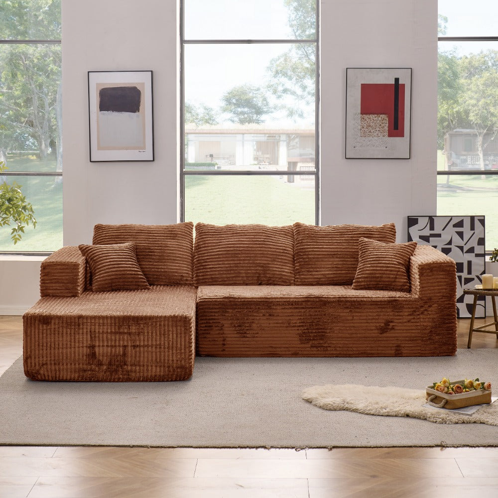 Modular L-shaped chaise longue sofa bed with deep seat and corduroy upholstery
