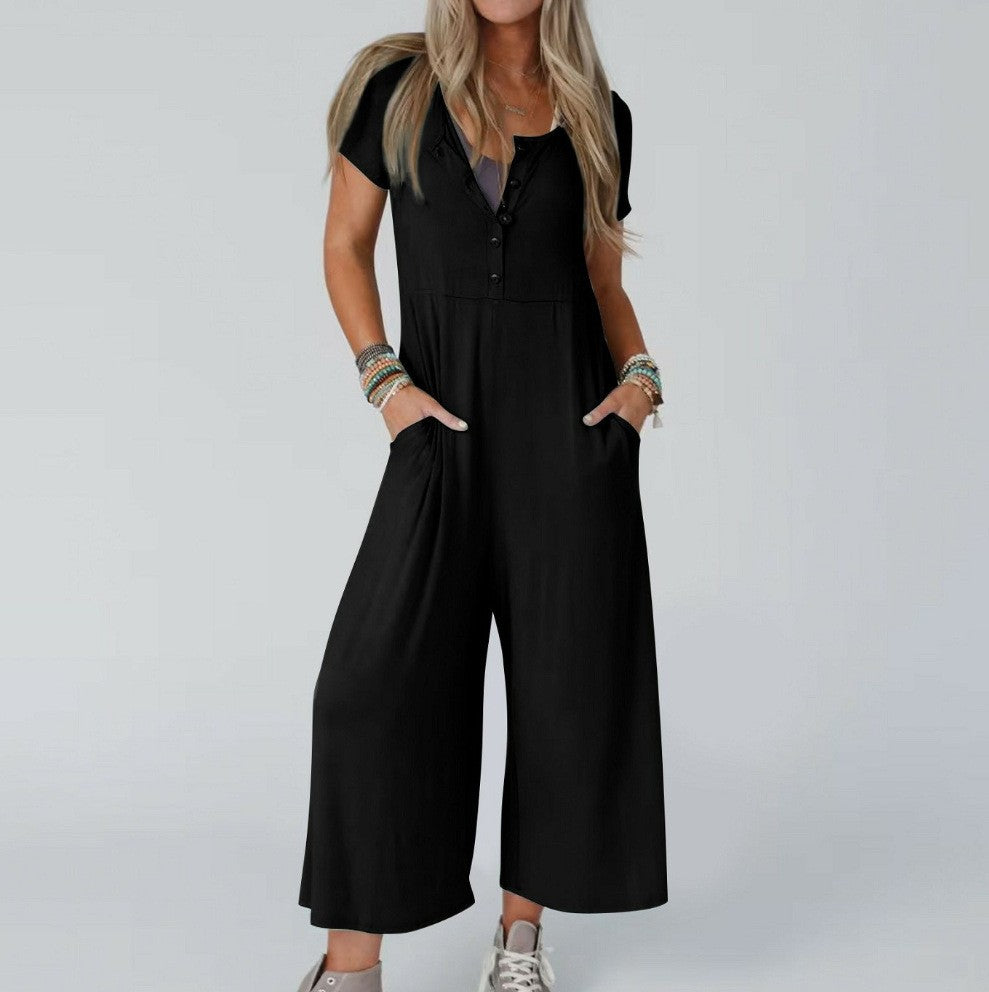 Women's Casual Slim-Fit Short-Sleeve Jumpsuit with Pockets