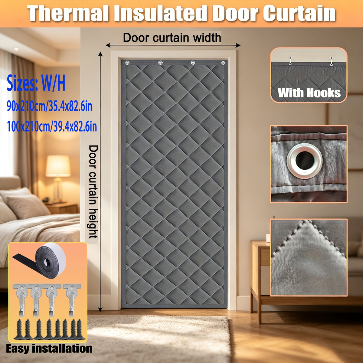 Oxford Cloth Thick Cotton Thermal Door Curtain, Magnetic Seal Windproof Sound Insulation Door Drape with Complete Hanging Hardware, Energy Saving Cold Block Door Cover for Home Garage Storehouse Winte