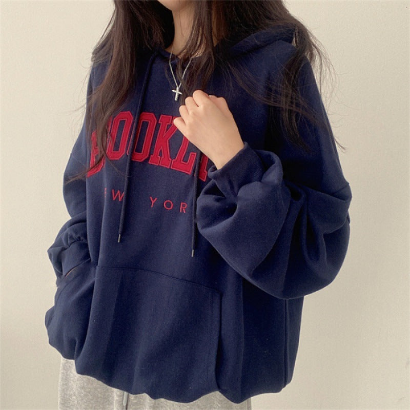 American Style Letter Print Fleece Pullover Hoodie