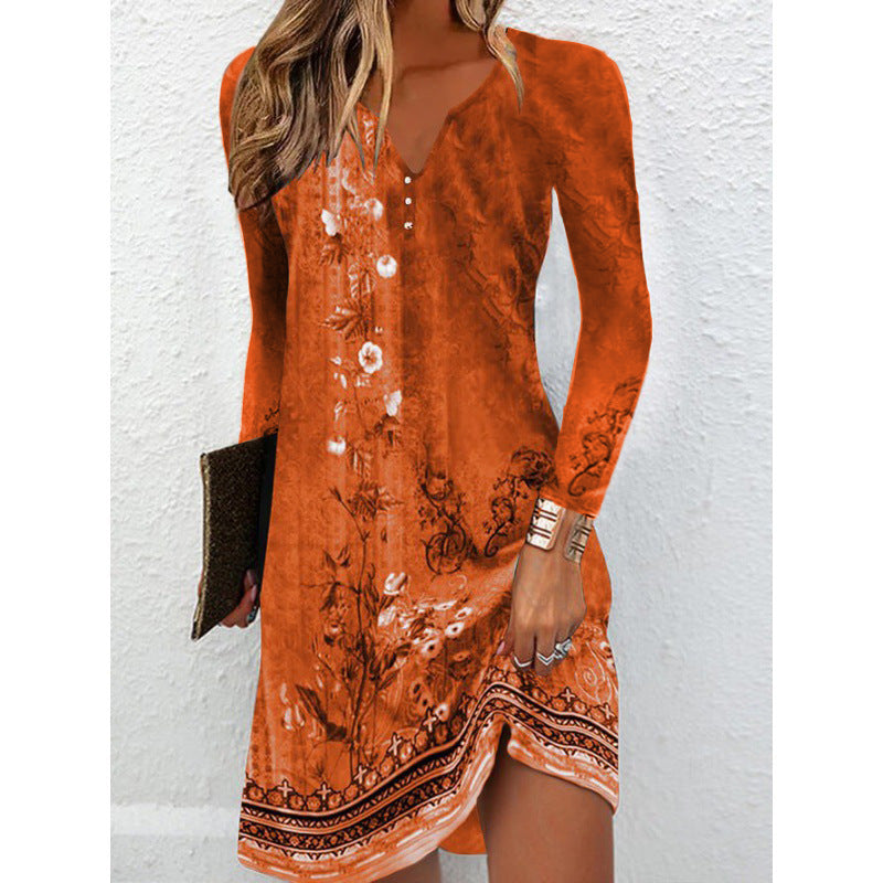 Long-sleeve V-neck Buttoned Asymmetrical Dress for Women