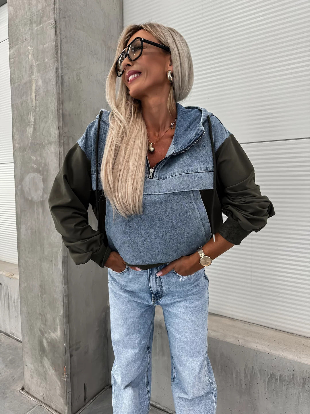 Casual Denim Patchwork Hooded Women's Sweatshirt