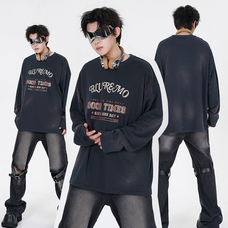 Gold Print Dark Wash Crew Neck Sweatshirt