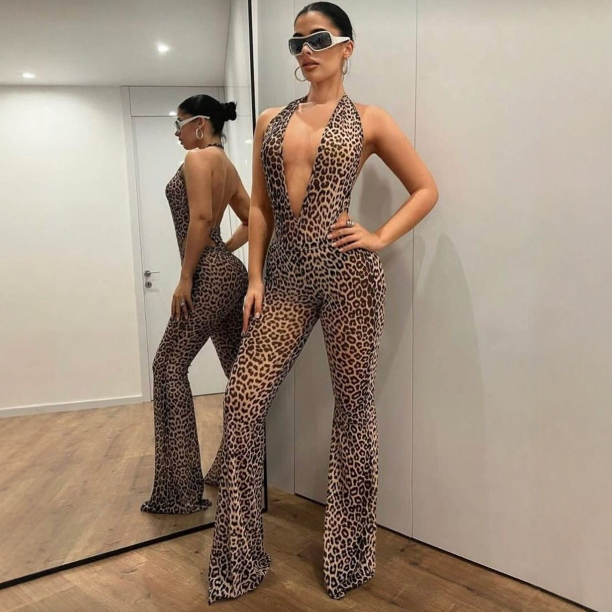 INS Leopard-Print Bodycon Sexy Backless Halter Deep-V Top With Flared Jumpsuit Pants