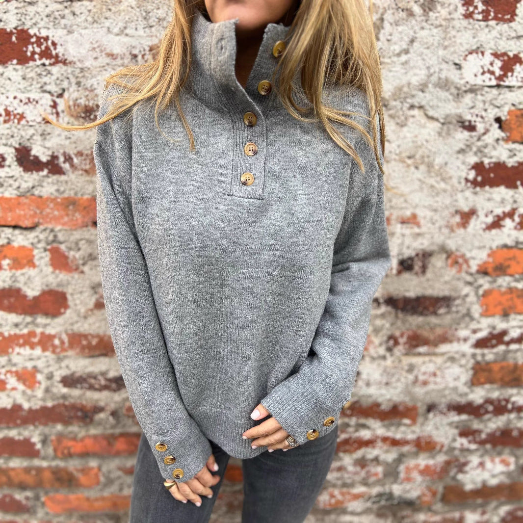 Stand Collar Buttons Casual Loose Sweater