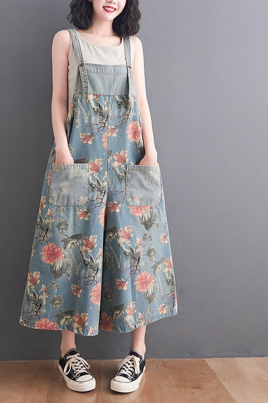 Korean Style Plus Size Fat Sister Printed Denim Wide Leg Suspender Pants