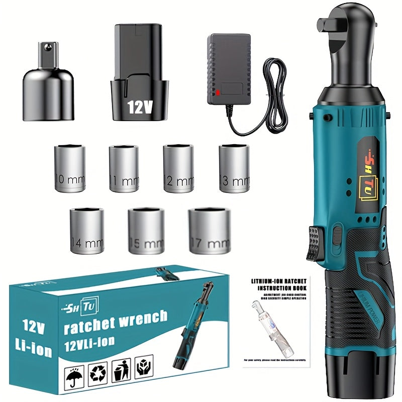 12V Brushless Electric Ratchet Wrench Set with Battery & Quick Charger - Cordless Power Tool Kit, Lithium-Ion Battery-Powered, Ergonomic Grip, Speed Control, Compatible with US Plug for Car Repair, Ho