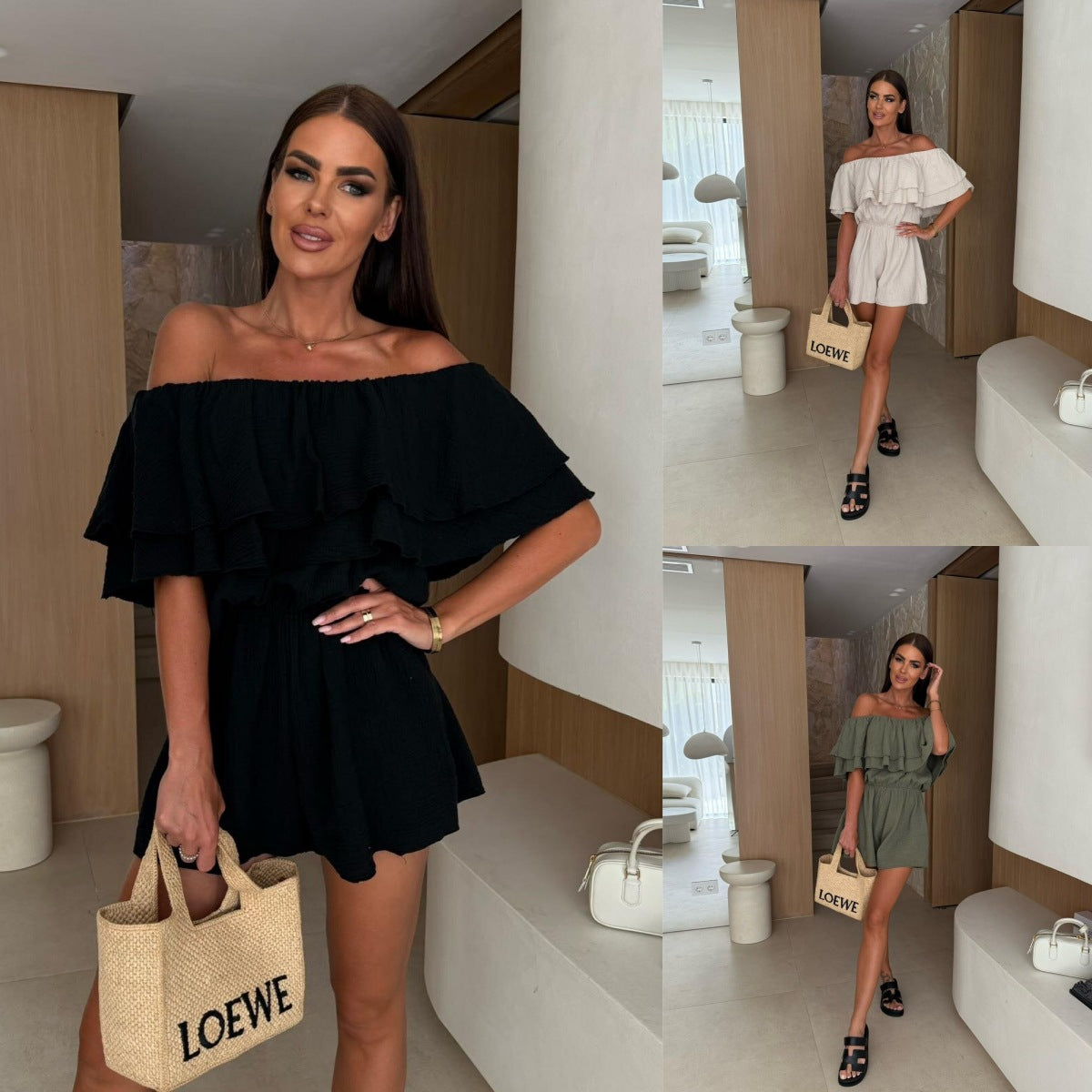 Solid-color Ruffled Off-shoulder Jumpsuit For Women