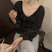 French-style Off-shoulder Square-neck Puffed-sleeve Black Floral Chiffon Blouse