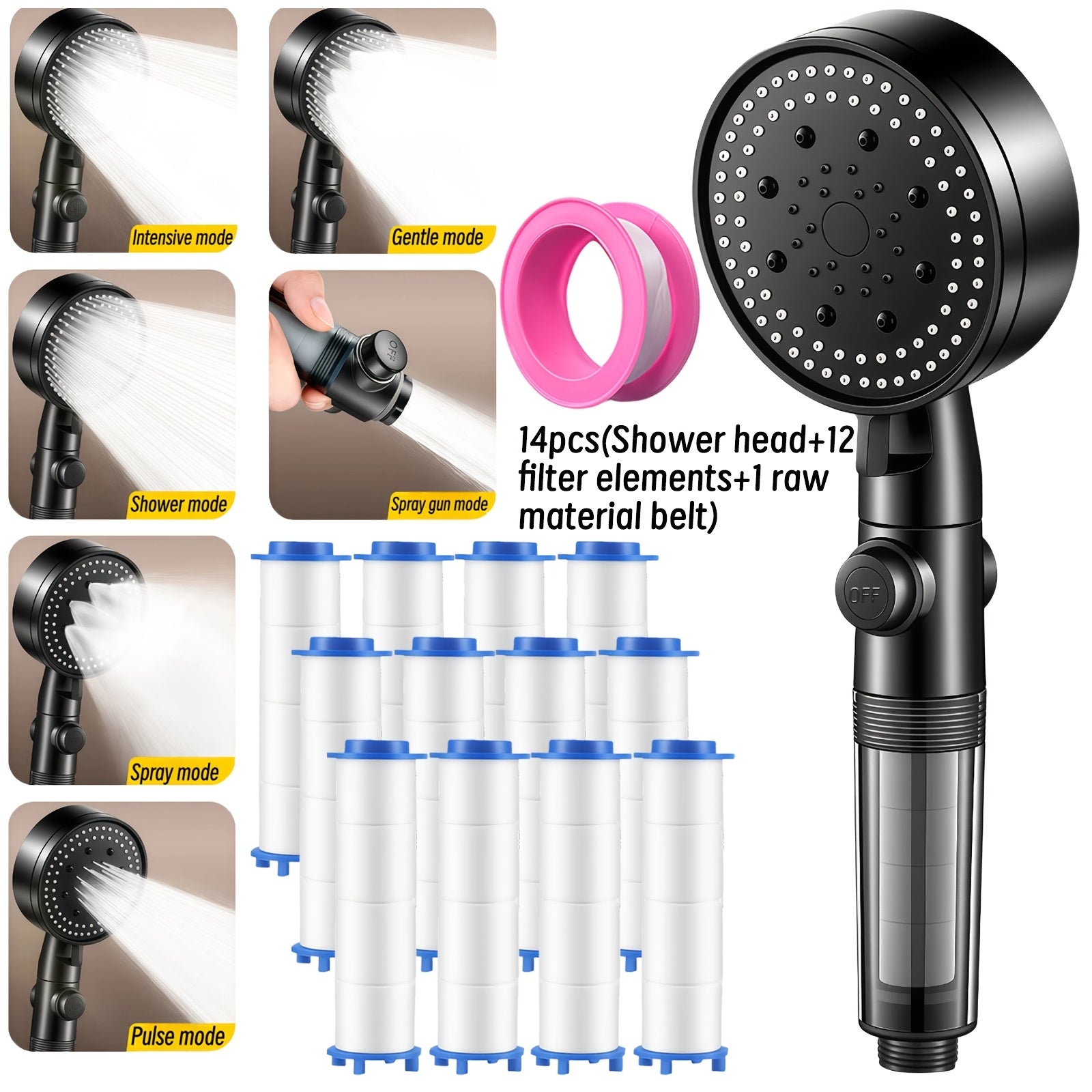 6‑Mode Handheld Shower Head Set – Includes 1 Shower Head, 12 Filter Cartridges and PTFE Tape