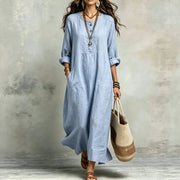Buttoned Crew-neck Long-sleeve Pocket Casual Dress