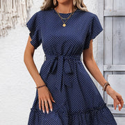 Womens Short-sleeve Ruffled Round-neck Lace-up Dress