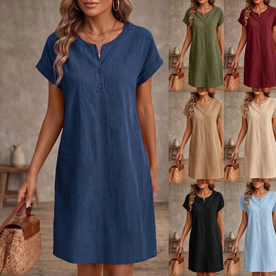 Womens Loose-fitting Round-neck Button-front Short-sleeve Dress
