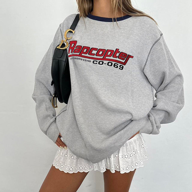 Retro Contrast Color Waffle Knit Long Sleeve Top
