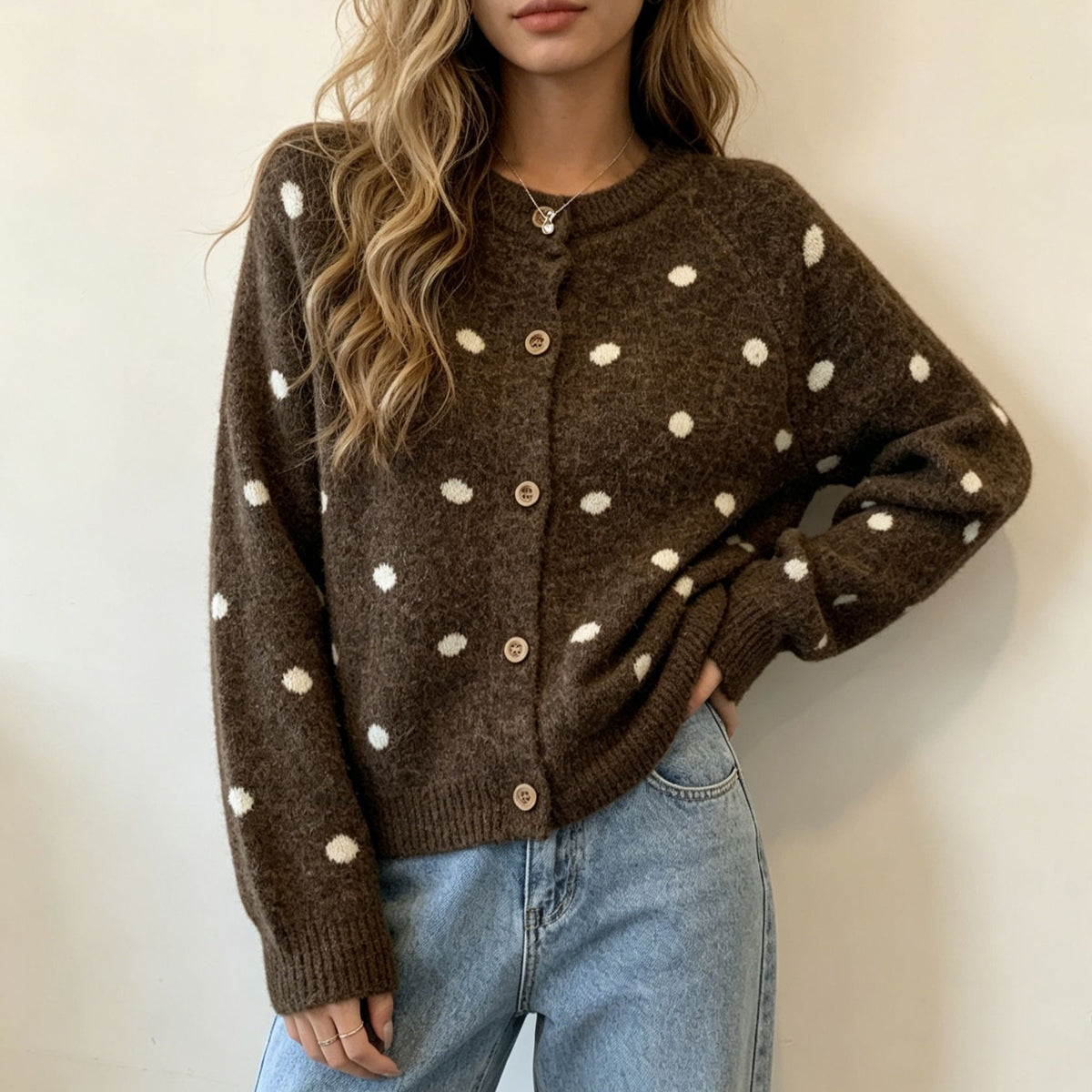 Contrast-color Polka-dot Casual Knit Sweater Womens Crew-neck Pullover Cardigan