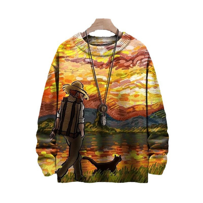 Chic Abstract Print Drop-Shoulder Casual Women's Sweater