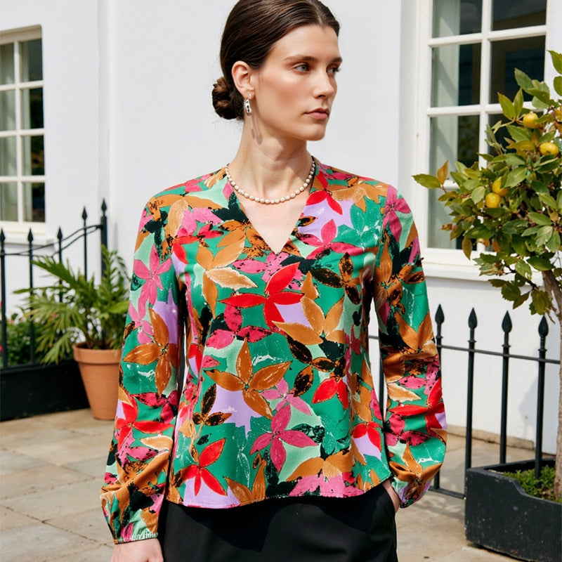 Women's Printed V-Neck Long-Sleeve Shirt
