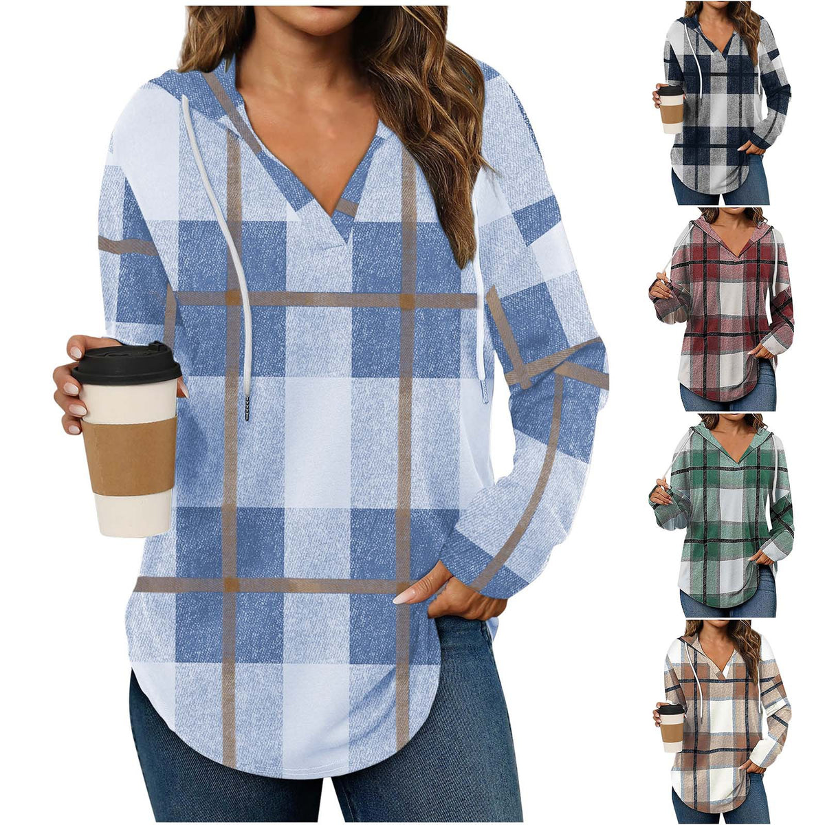 Hooded Pullover V-neck Adjustable Drawstring Casual Plaid Long Sleeve