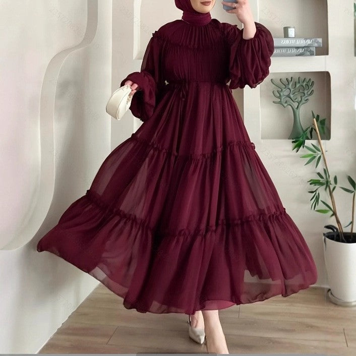 Fashionable Solid Color Soft Lace Detail Belt Long Chic and Elegant Dress