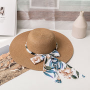 Floral Broad-Brimmed Straw Sun Hat with Silk Scarf