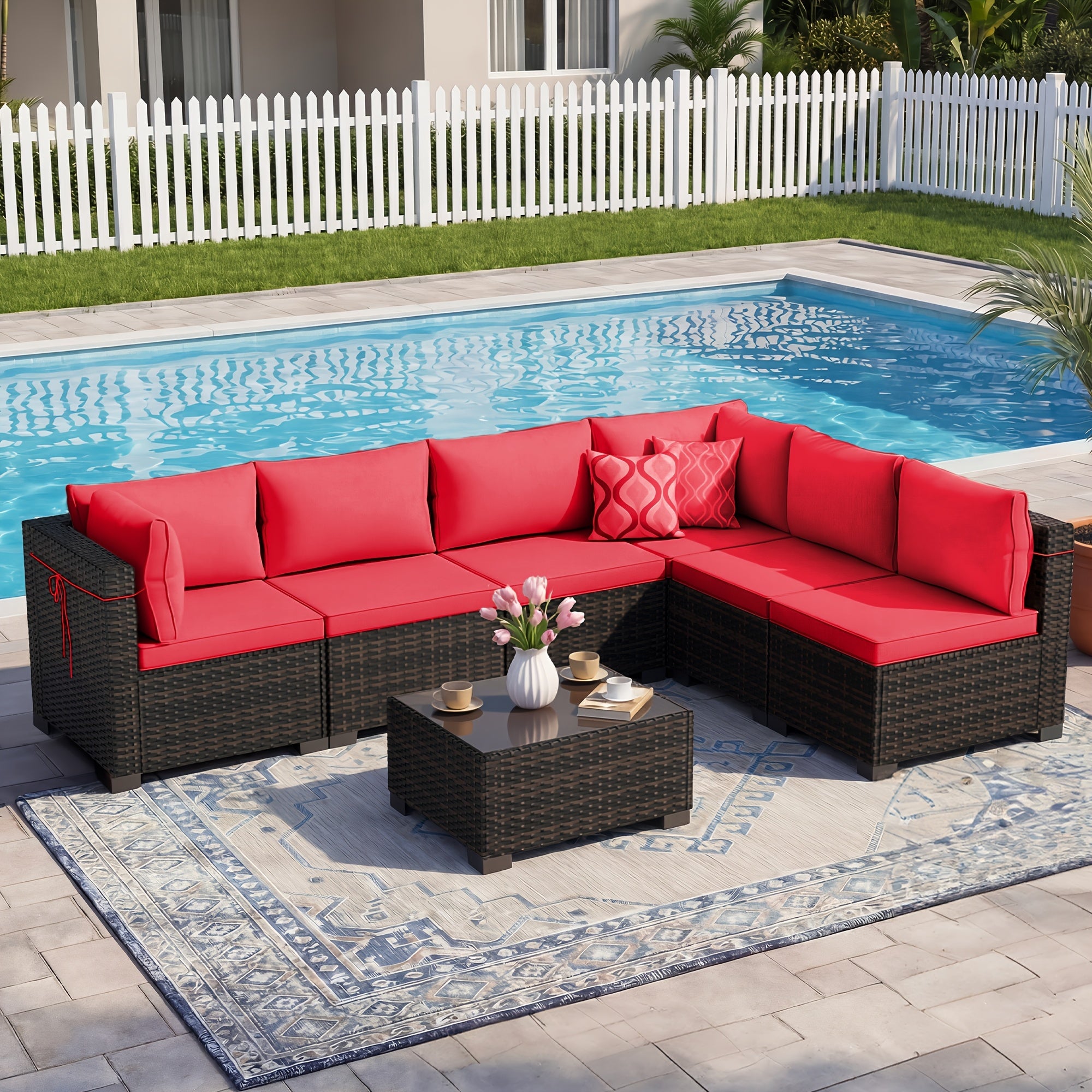 [Outdoor Patio Sets] LEVELEVE 6/7/9pcs All-Weather Outdoor Patio Furniture Sets, Rattan Conversation Sectional Set, Manual Weaving Wicker Patio Sofa with Tea Table