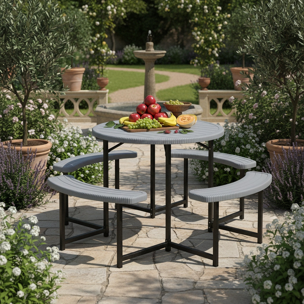 8-Person Round Picnic Table Set, 37-Inch Outdoor Dining Table with 4 Curved Benches And Umbrella Hole, HDPE Top And Metal Frame, Circular Patio Camping Table for Backyard, Garden, Lawn, Porch