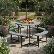8-Person Round Picnic Table Set, 37-Inch Outdoor Dining Table with 4 Curved Benches And Umbrella Hole, HDPE Top And Metal Frame, Circular Patio Camping Table for Backyard, Garden, Lawn, Porch