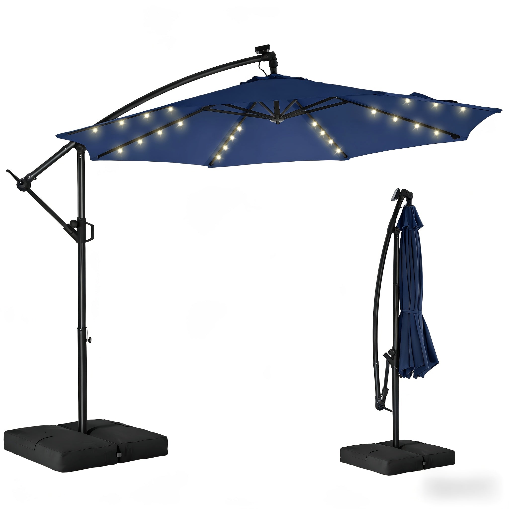 [With Light And Base]10ft Solar Lights Offset Cantilever Patio Umbrella Sun Shade, LED Solar Lighted Offset Hanging Patio Outdoor Market Umbrella, UPF50+ UV Protection With Easy Tilt And Crank, For Gardens, Decks, Backyards And Poolside.