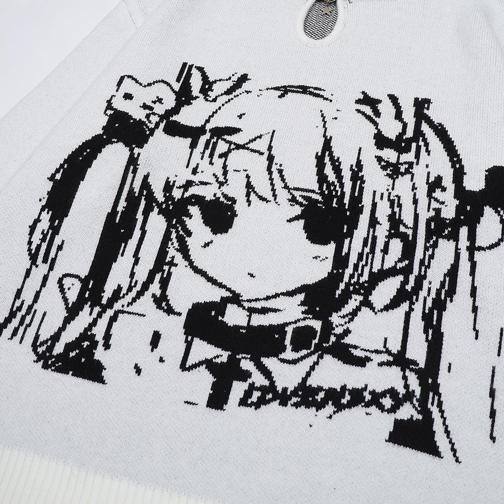 Anime Girl with Scarf Round Neck Sweater Men and Women Autumn and Winter Loose