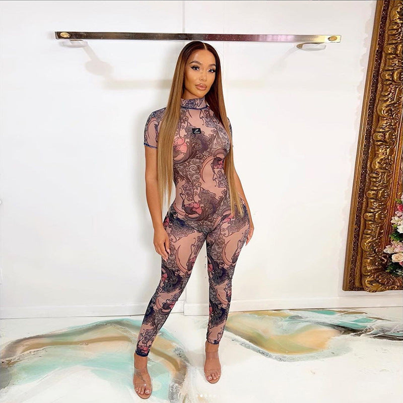 Women's Floral Mesh Backless Tight Jumpsuit