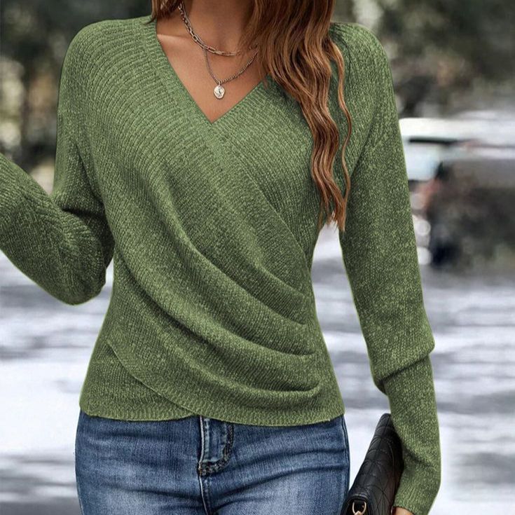 V-neck Long Sleeve Cross Solid Color Knitted Sweater