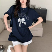 Chic Summer Gray Short‑Sleeve Top with French Bow – Loose Fit