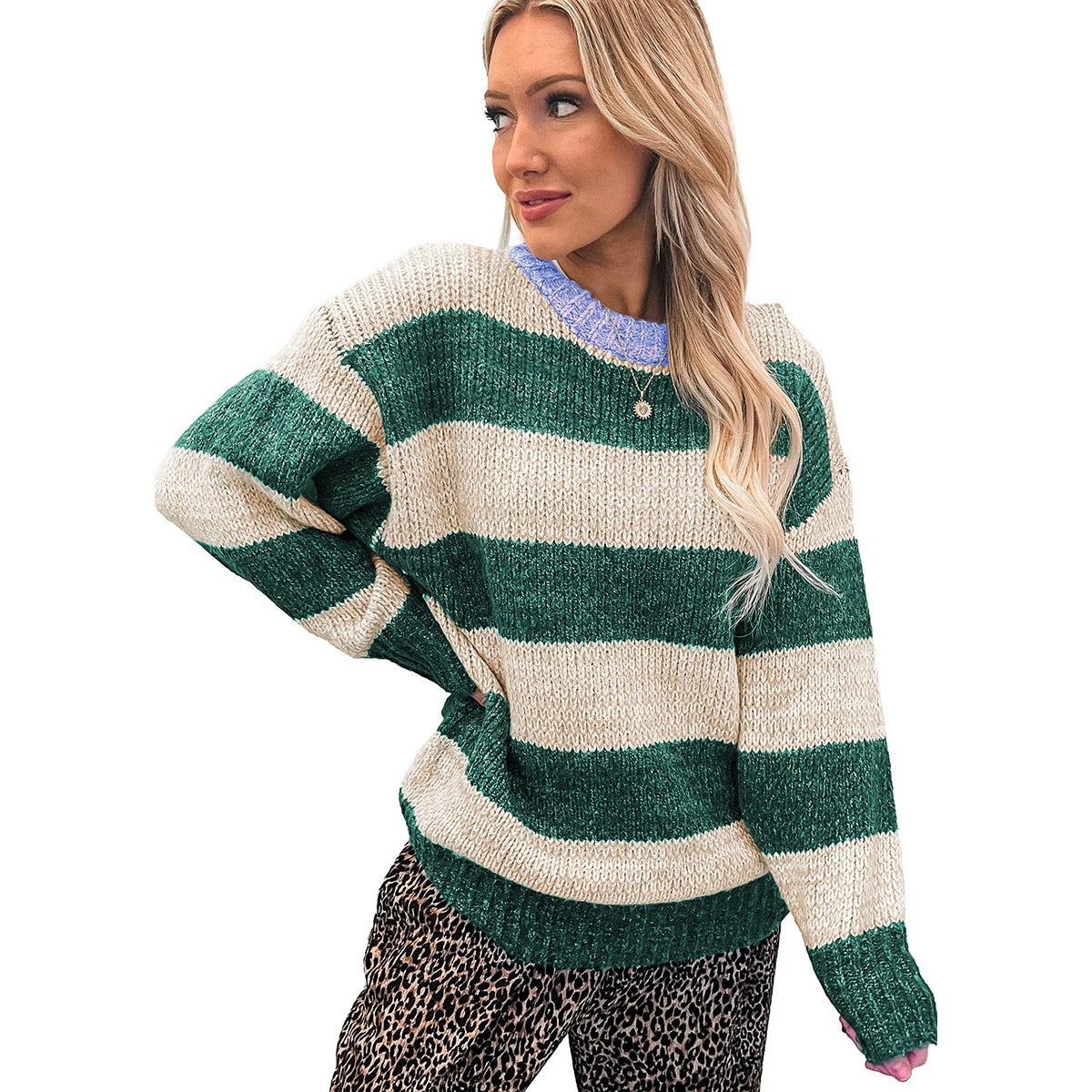 Striped Colorblock Loose-fit Crew-neck Sweater for Women