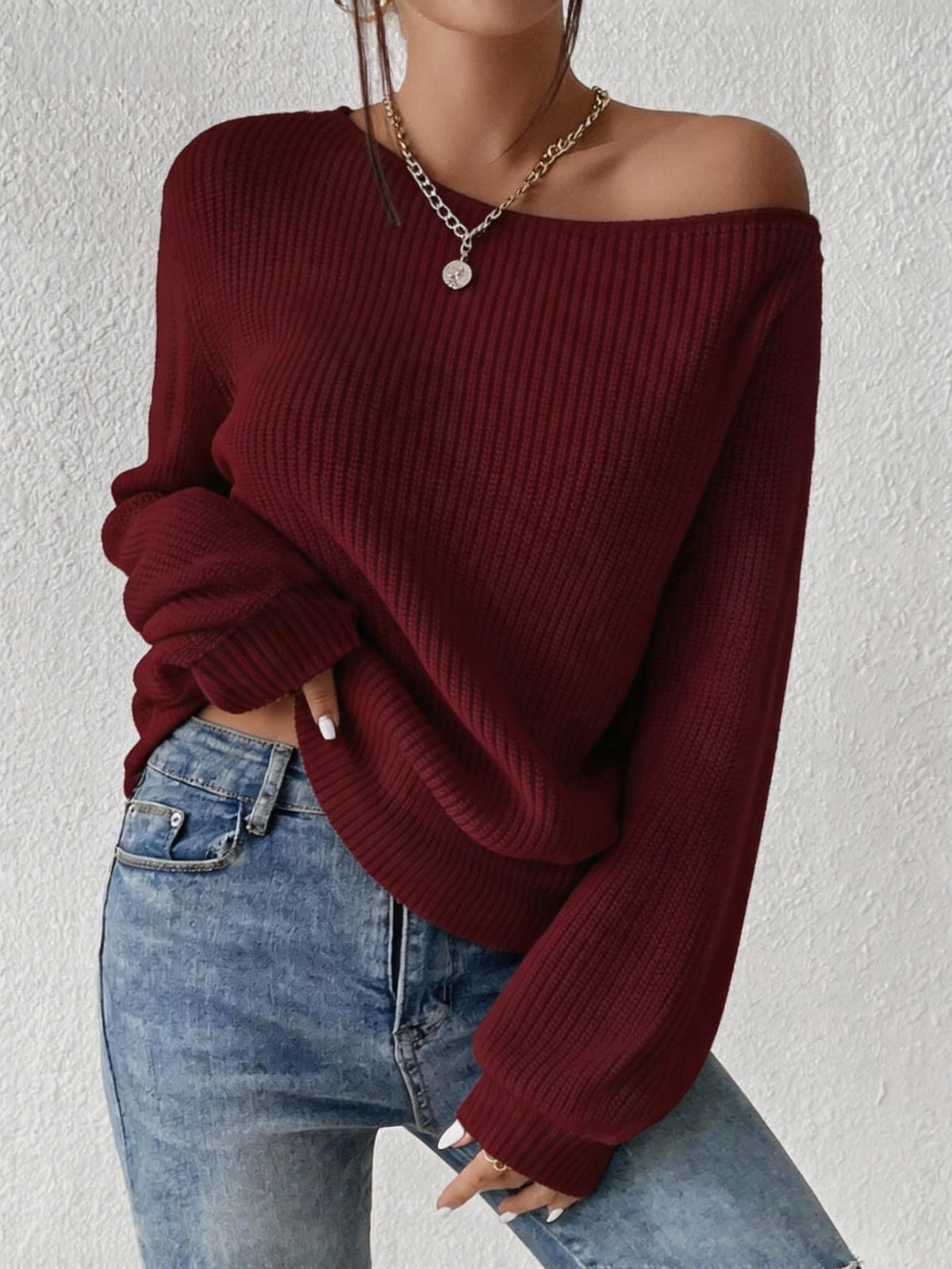 Commute Style Autumn and Winter New Personalized Off-the-shoulder Pullover Knitting Solid Color Loose Leisure All-matching Pullover Boat Neck Sweater