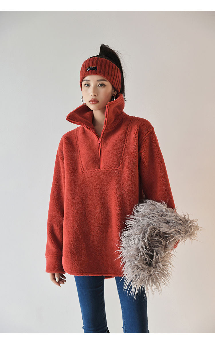 Winter Fleece-lined Zipped Stand Collar Coat Casual Loose-fitting Women's Sweater