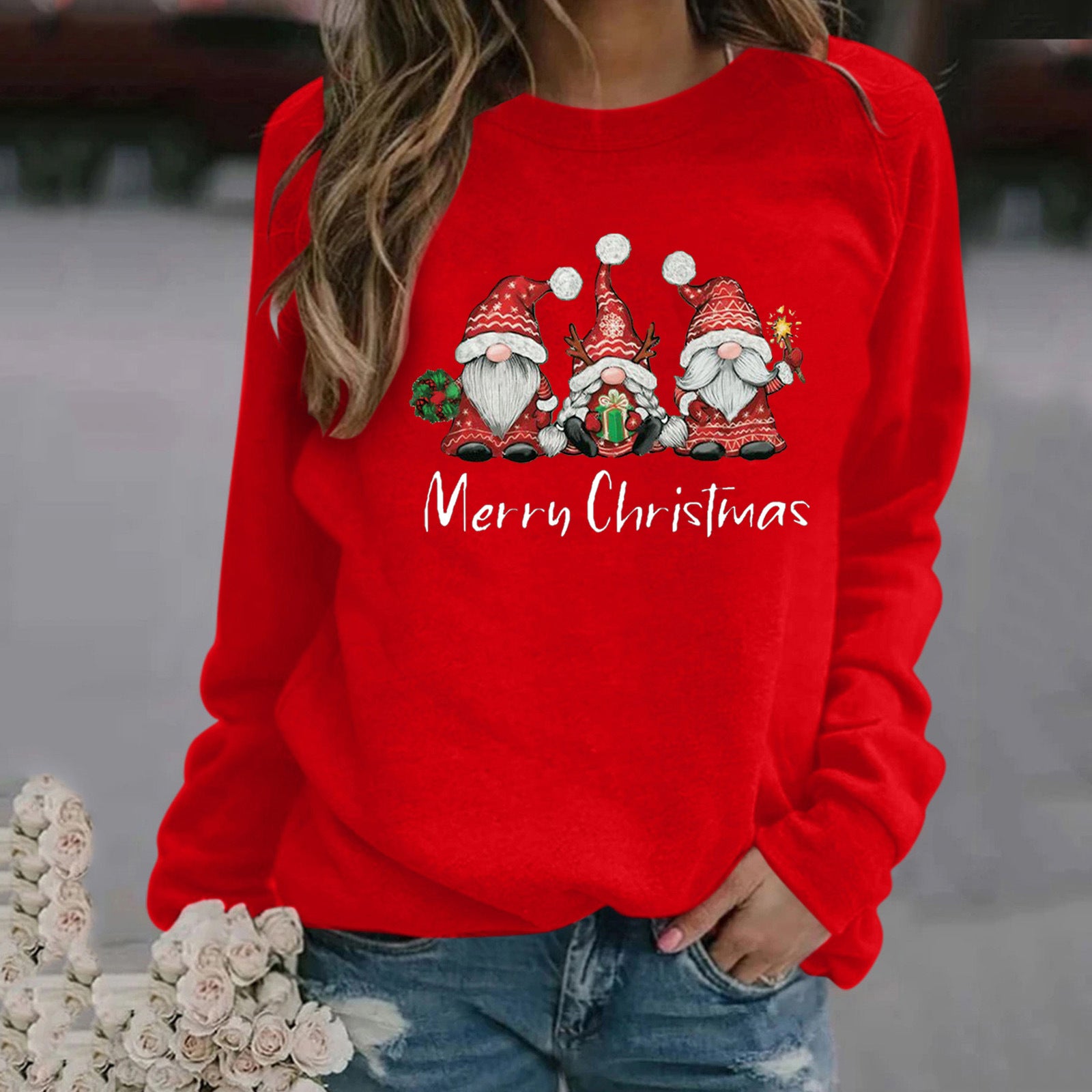Christmas Pattern Printed Long Sleeve Round Neck Sweater Women