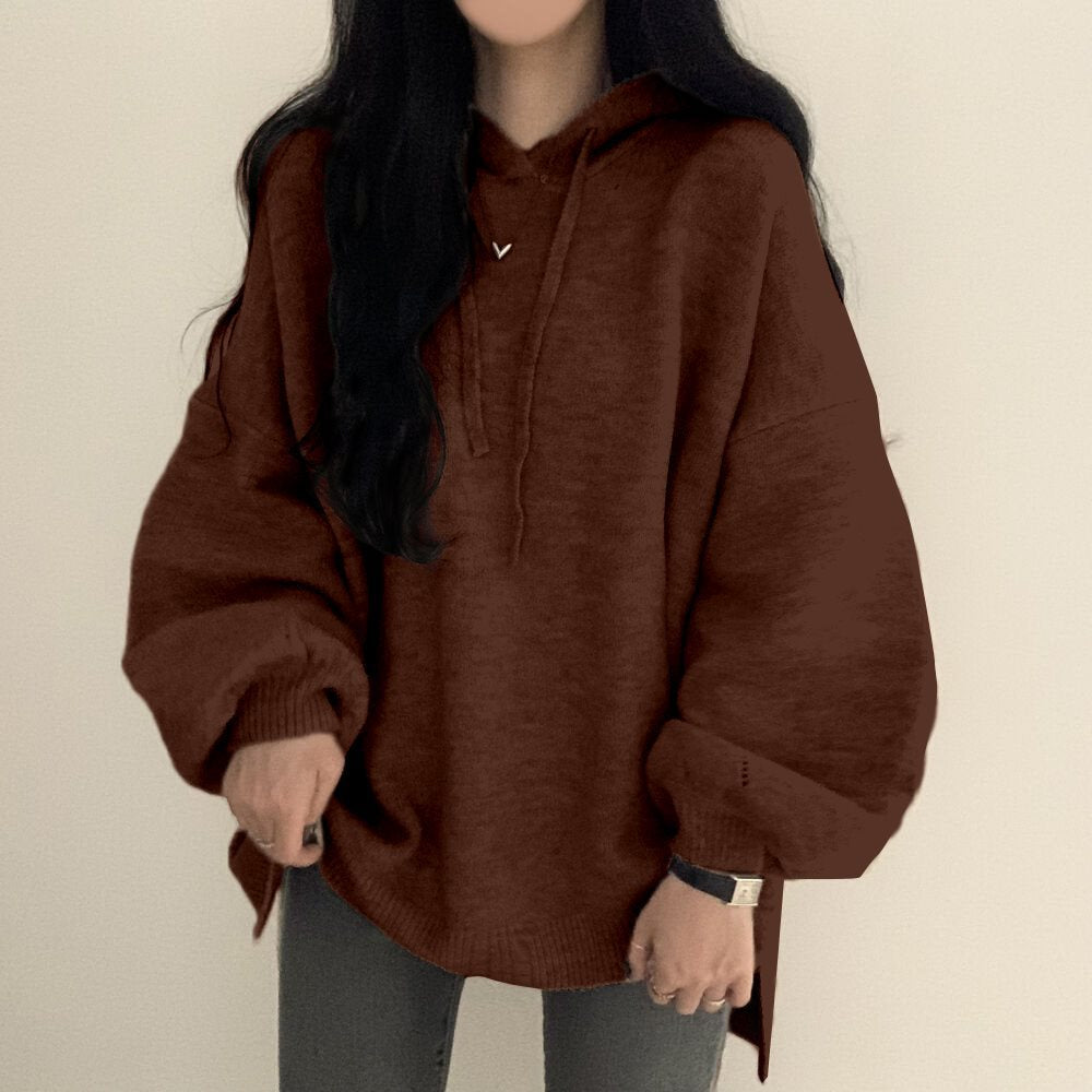 Korean-style Relaxed-fit Knitted Hoodie with a Laid-back Vibe and Puffed Sleeves