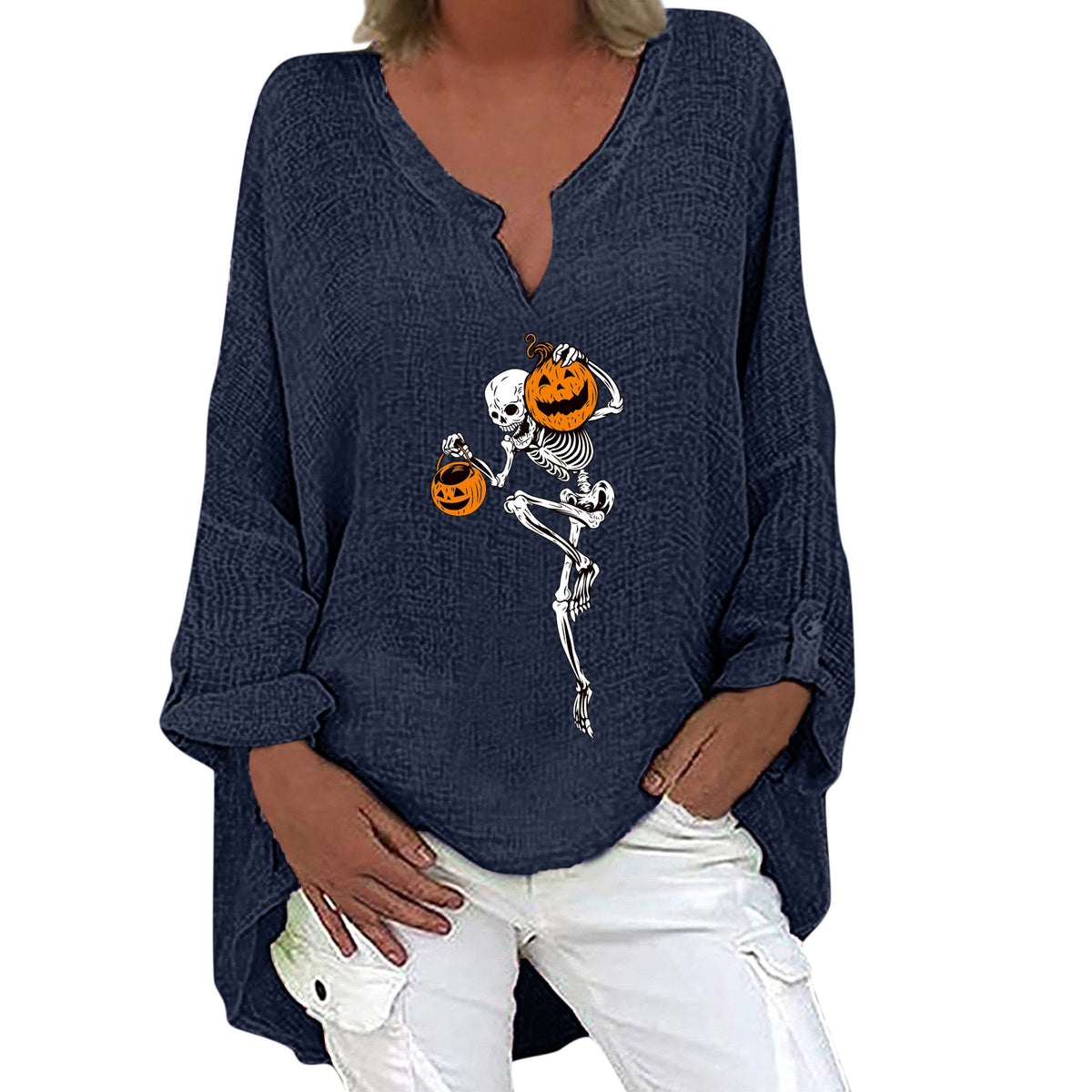 Halloween V-Neck Cotton Linen Long Sleeve Shirt