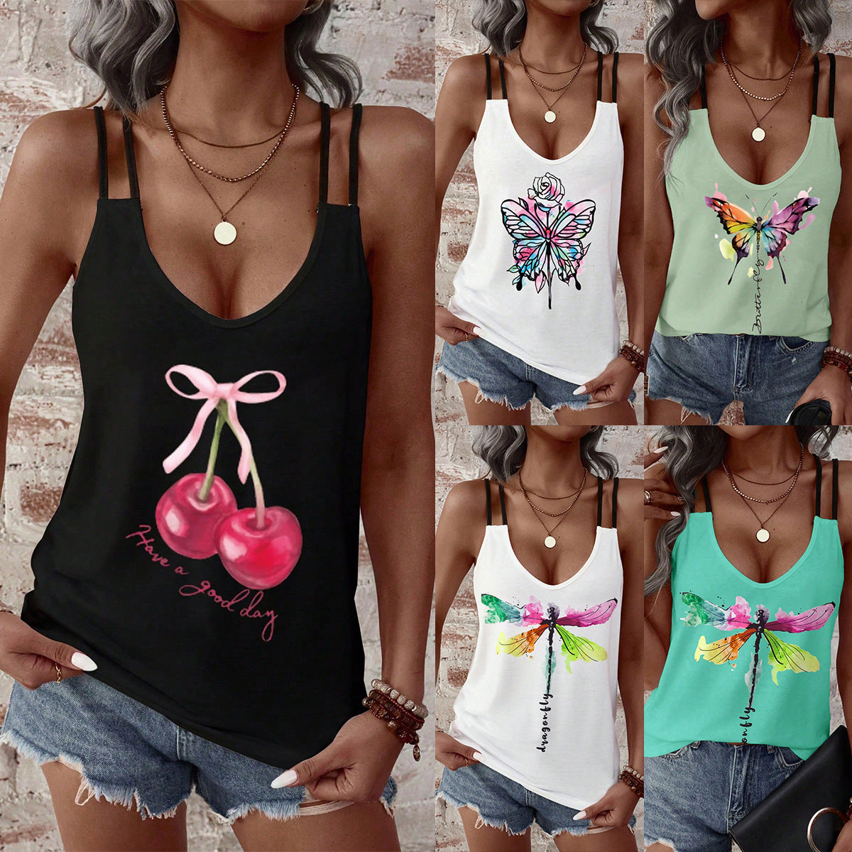 Butterfly Print Sleeveless Top with Double Straps – Summer A-Line Tee