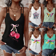 Butterfly Print Sleeveless Top with Double Straps – Summer A-Line Tee